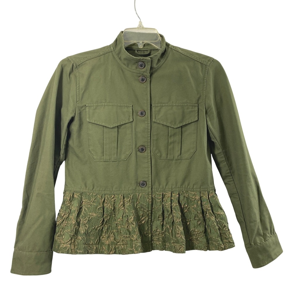 Gap Utility Jacket Womens Small Olive Green Peplum Brocade Metallic Army Shacket